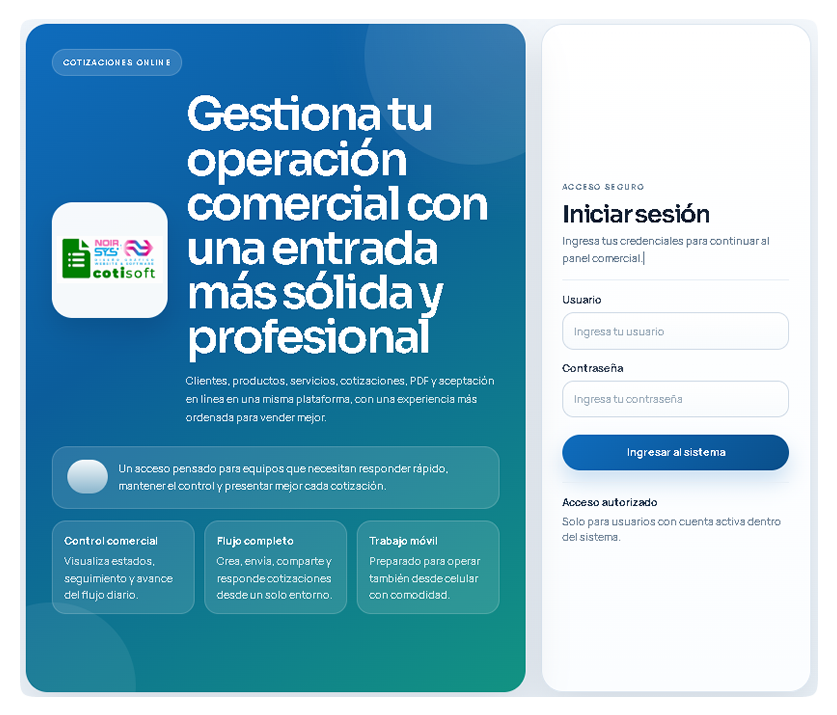 Pantalla principal de Cotisoft para gestión comercial